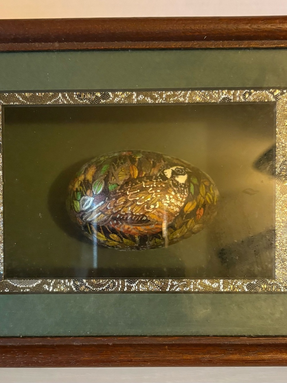 Vintage Decorative Painted Egg with Quail Motif - Brown in Shadow Box